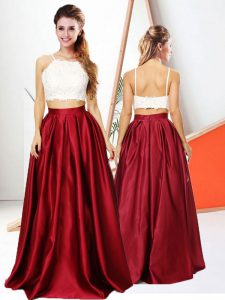 Artistic Satin Spaghetti Straps Sleeveless Backless Lace Prom Evening Gown in Burgundy