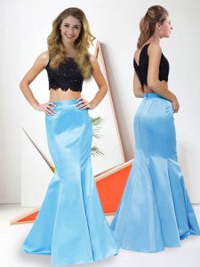 Sleeveless Satin Floor Length Zipper Prom Evening Gown in Blue And Black with Lace