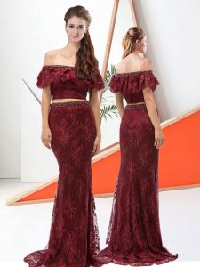 Great Two Pieces Sleeveless Burgundy Prom Dresses Sweep Train Zipper