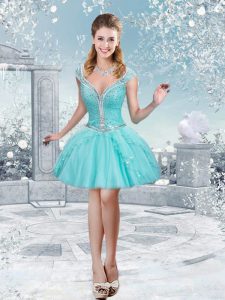 High End V-neck Cap Sleeves Prom Evening Gown Mini Length Beading and Ruffles Aqua Blue Tulle