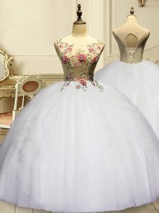 Fitting Scoop Sleeveless Quinceanera Dress Floor Length Appliques and Ruffles White Organza