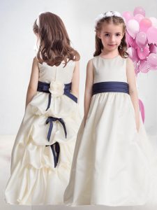 Sleeveless Floor Length Pick Ups and Hand Made Flower Zipper Flower Girl Dress with White