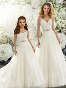 Sleeveless Chiffon Brush Train Zipper Wedding Gowns in White with Beading and Lace