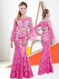 Pink Long Sleeves Floor Length Lace and Embroidery Zipper Dress for Prom