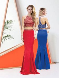 Red Satin Zipper Homecoming Dress Sleeveless Floor Length Beading