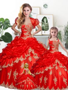 Exceptional Floor Length Red Wedding Dresses Tulle Short Sleeves Appliques and Embroidery and Pick Ups