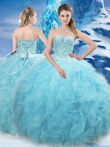 Designer Aqua Blue Sweet 16 Quinceanera Dress Military Ball and Sweet 16 and Quinceanera with Beading and Pick Ups Sweet