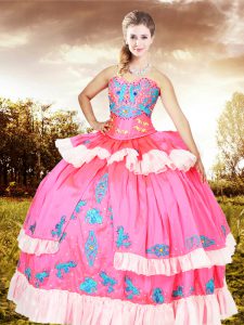 Noble Sleeveless Floor Length Embroidery and Ruffled Layers Lace Up 15th Birthday Dress with Rose Pink