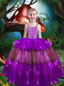 Elegant Eggplant Purple Lace Up Kids Pageant Dress Beading and Ruffled Layers Sleeveless Floor Length
