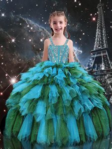 Teal Sleeveless Floor Length Beading and Ruffles Lace Up Little Girls Pageant Dress
