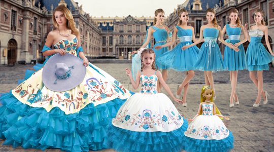 Baby Blue Ball Gowns Organza Sweetheart Sleeveless Embroidery and Ruffled Layers Floor Length Lace Up Quinceanera Gown
