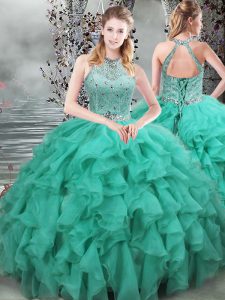 Custom Fit Turquoise Organza Lace Up Scoop Sleeveless 15 Quinceanera Dress Brush Train Beading and Ruffles