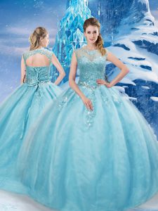 Aqua Blue Tulle Lace Up Scoop Sleeveless Quinceanera Gown Brush Train Beading