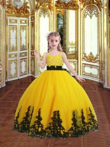 Gold Zipper Spaghetti Straps Lace and Appliques Little Girl Pageant Dress Tulle Sleeveless