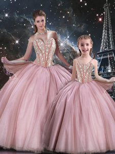 Adorable Floor Length Pink Quinceanera Dress Tulle Sleeveless Beading