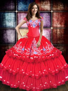 Sophisticated Floor Length Coral Red Sweet 16 Dress Taffeta Sleeveless Embroidery and Ruffled Layers