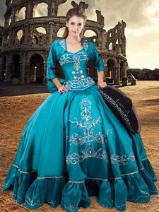 Best Sweetheart 3 4 Length Sleeve Satin Quinceanera Dresses Appliques and Ruffles Lace Up