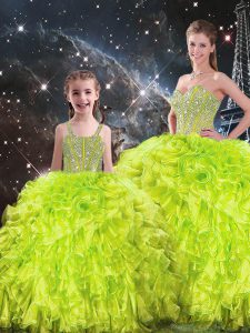 New Style Sleeveless Floor Length Beading and Ruffles Lace Up Sweet 16 Quinceanera Dress with Yellow Green