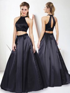 Inexpensive Black Two Pieces Halter Top Sleeveless Satin Floor Length Zipper Sashes ribbons Prom Evening Gown