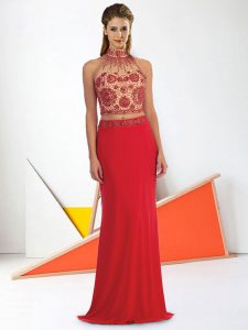 Elegant Coral Red Halter Top Neckline Beading Prom Dress Sleeveless Zipper