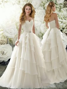 Fine White Chiffon Clasp Handle Bridal Gown Sleeveless Brush Train Lace and Ruffled Layers