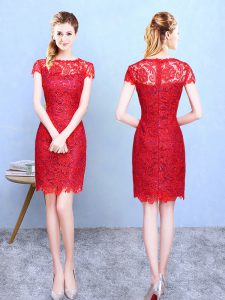 Red Column/Sheath Lace Bateau Short Sleeves Lace Knee Length Zipper Bridesmaid Gown
