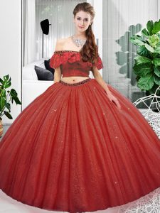 Adorable Coral Red Lace Up Sweet 16 Dress Lace Sleeveless Floor Length