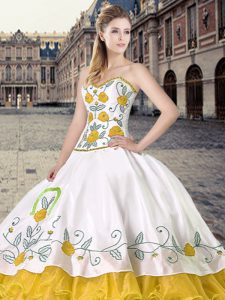 Popular Embroidery and Ruffles Quinceanera Gowns Yellow And White Lace Up Sleeveless Floor Length