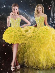 Yellow Sleeveless Organza Lace Up Ball Gown Prom Dress for Military Ball and Sweet 16 and Quinceanera
