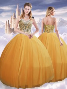 High Class Gold Ball Gowns Beading Vestidos de Quinceanera Lace Up Tulle Sleeveless Floor Length