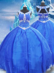 Blue Organza Zipper Sweet 16 Quinceanera Dress Sleeveless Floor Length Beading
