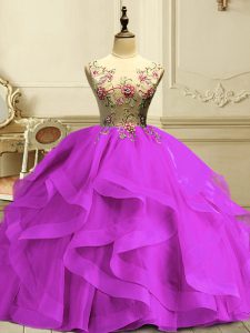 Fuchsia Scoop Neckline Appliques and Ruffles 15th Birthday Dress Sleeveless Lace Up