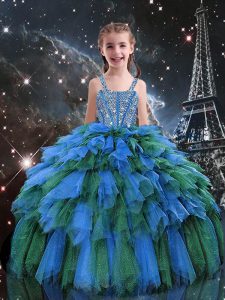Straps Sleeveless Lace Up Girls Pageant Dresses Blue Tulle