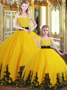 Gold Organza Lace Up Quinceanera Dresses Sleeveless Floor Length Beading and Appliques