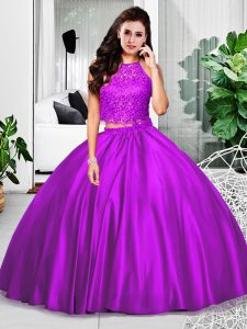 Sleeveless Floor Length Lace and Ruching Zipper Quinceanera Gowns with Eggplant Purple