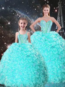 Affordable Turquoise Lace Up Quinceanera Gowns Beading and Ruffles Sleeveless Floor Length
