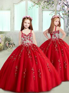 Superior Red Sleeveless Tulle Lace Up Glitz Pageant Dress for Quinceanera and Wedding Party