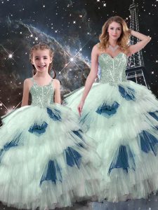 Affordable Multi-color Organza Lace Up Sweetheart Sleeveless Floor Length Sweet 16 Dress Beading and Ruffled Layers