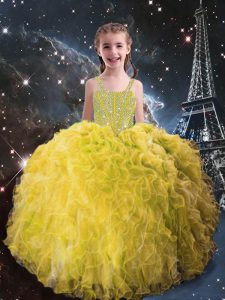 Wonderful Light Yellow Little Girl Pageant Gowns Quinceanera and Wedding Party with Beading and Ruffles Straps Sleeveles