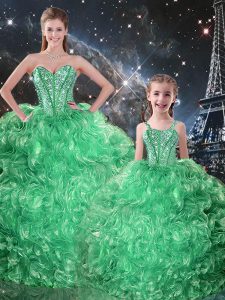 Sleeveless Organza Floor Length Lace Up Quinceanera Gowns in Green with Beading and Ruffles