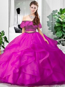 Smart Fuchsia Lace Up Ball Gown Prom Dress Lace and Ruffles Sleeveless Floor Length