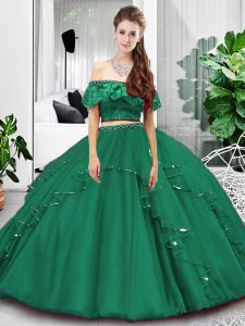 Glorious Dark Green Two Pieces Off The Shoulder Sleeveless Tulle Floor Length Lace Up Lace and Ruffles Sweet 16 Dresses