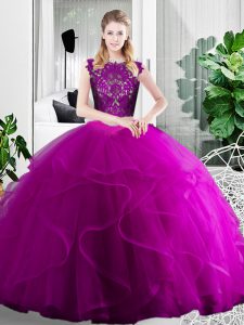 Modern Sleeveless Floor Length Lace and Ruffles Zipper Quinceanera Dress with Fuchsia