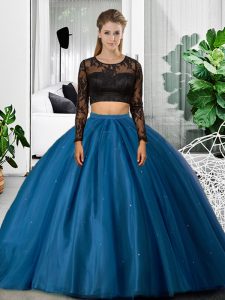 Discount Floor Length Backless Quince Ball Gowns Blue for Military Ball and Sweet 16 and Quinceanera with Lace and Ruchi