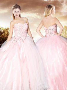 Latest Floor Length Ball Gowns Sleeveless Baby Pink 15th Birthday Dress Lace Up