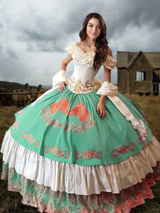 Graceful Multi-color Ball Gowns Taffeta Off The Shoulder Sleeveless Embroidery and Ruffled Layers Lace Up Quinceanera Dr