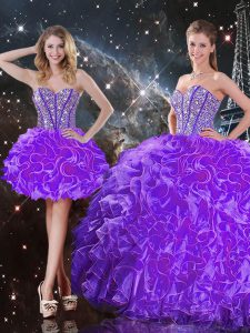 Custom Designed Eggplant Purple Ball Gowns Beading and Ruffles Quince Ball Gowns Lace Up Organza Sleeveless Floor Length