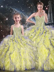 Excellent Floor Length Ball Gowns Sleeveless Yellow Quinceanera Gowns Lace Up