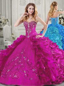 Fuchsia Ball Gowns Sweetheart Sleeveless Taffeta Floor Length Lace Up Ruffles and Sequins Quinceanera Gown