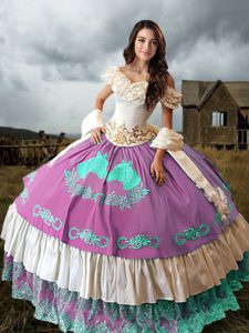 Wonderful Off The Shoulder Sleeveless Taffeta Quinceanera Gowns Embroidery and Ruffled Layers Brush Train Lace Up